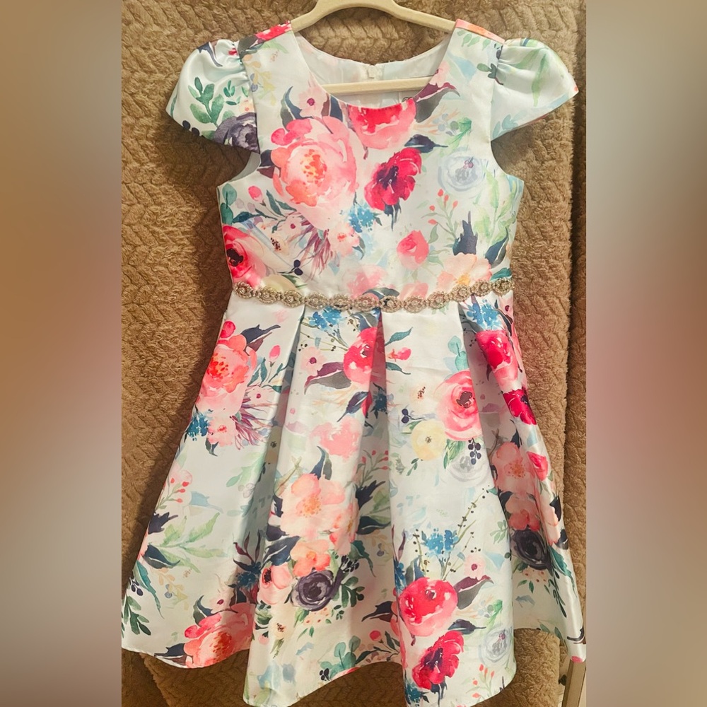 Rare Editions Floral Dress with Beaded Belt